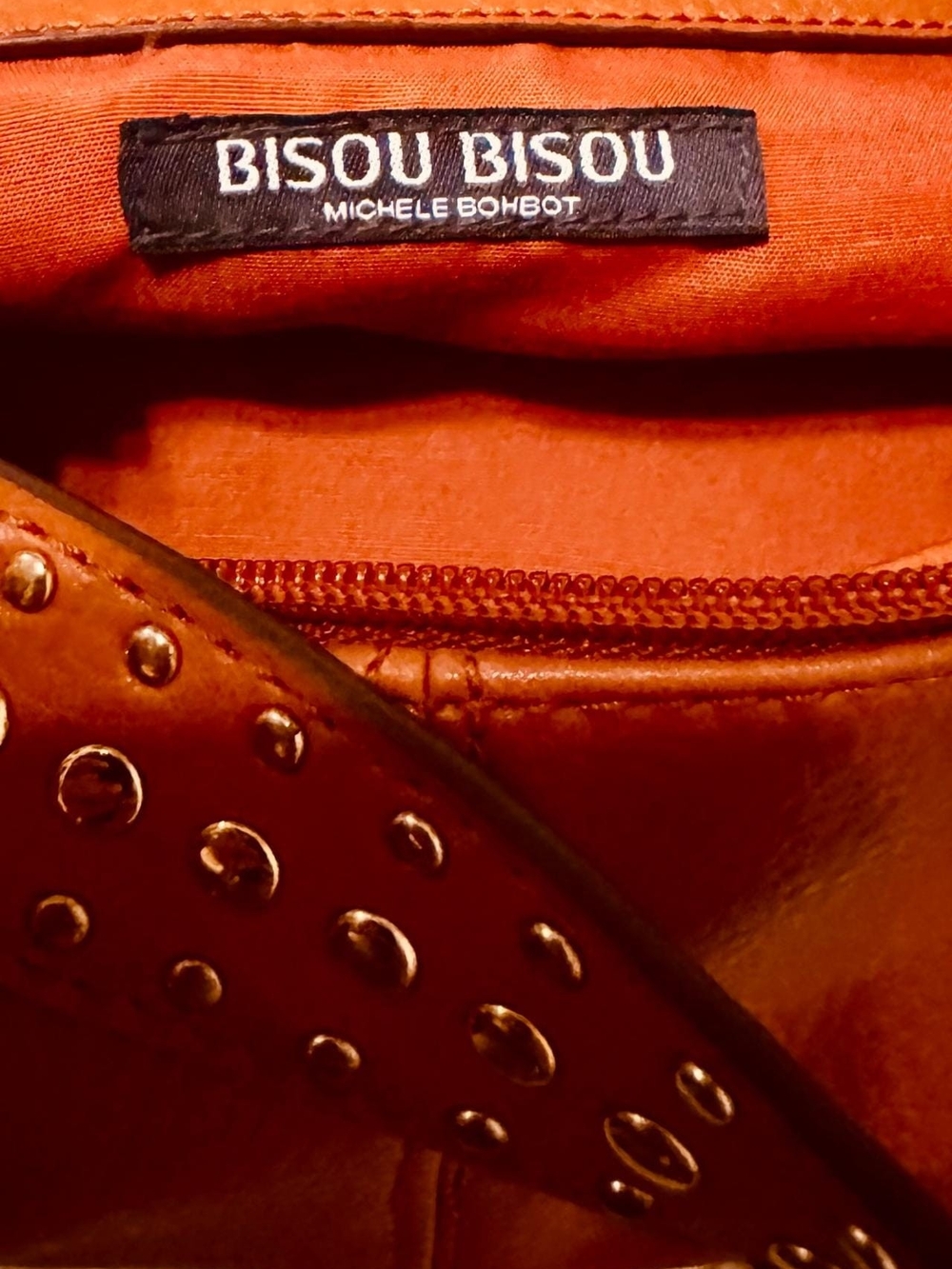 Bisou Bisou Orange-Brown Studded Leather Crossbody